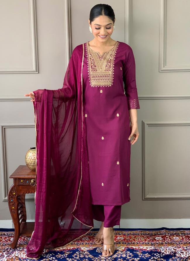 Rayon Slub Magenta Traditional Wear Embroidery Work Readymade Straight Suit